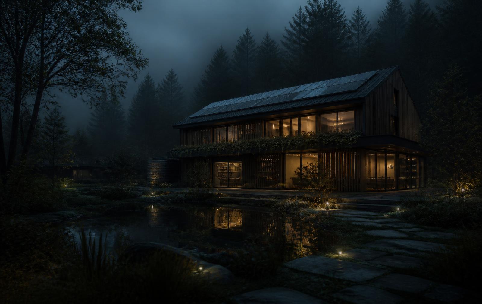A sustainable, energy-efficient home glowing softly at dusk